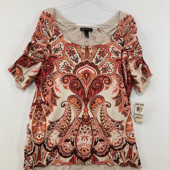 New INC International Concepts 1X Red Boho Ruched Sleeve Stretch Knit Blouse - Picture 1 of 8